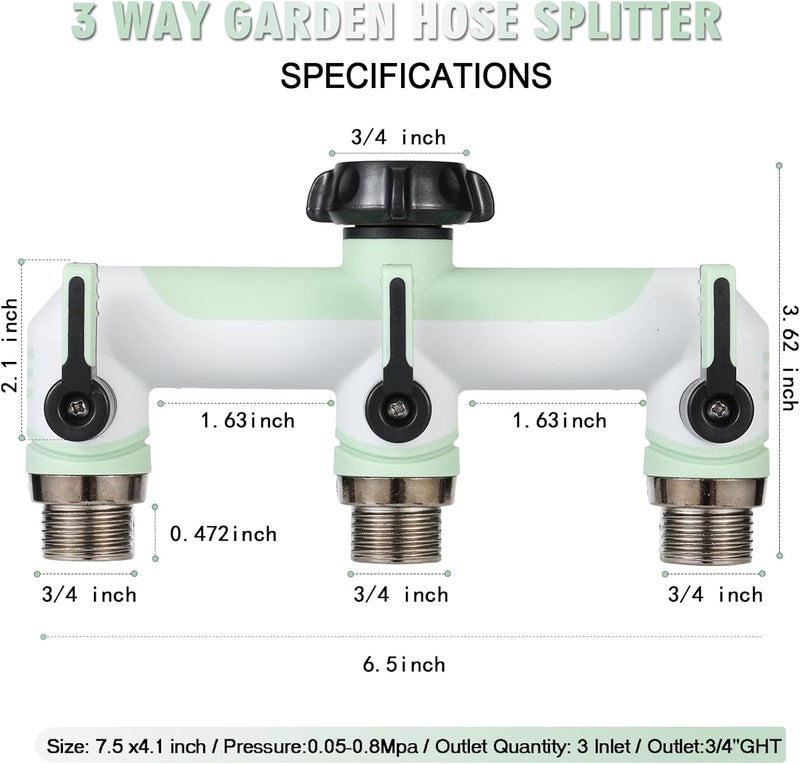 ATAOSGR 3 way Hose Splitter, Garden Hose Adapter and Outdoor Faucet Splitter,with Shutoff Valves Hoses Connector -T Water Spigot Splitter Water Adapter,3/4" GHT Thread For Home Outdoor Garden（light green) - Image 2
